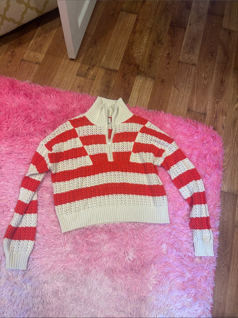a new day Red & Cream Striped Half-Zip Turtleneck Sweater